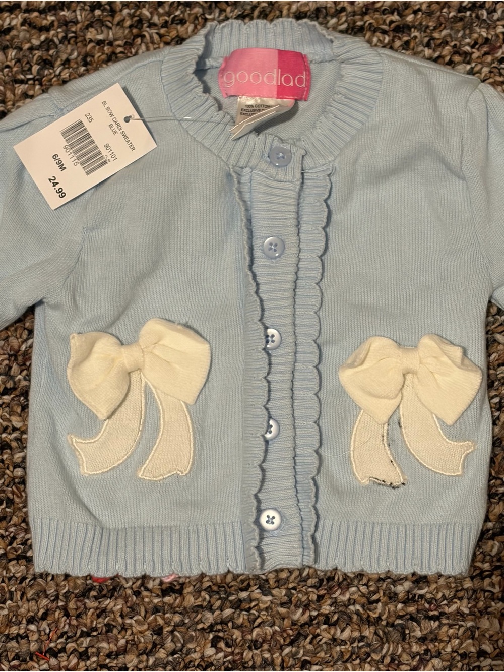 Good Lad Light Blue Cardigan with Cream Bow Appliqués